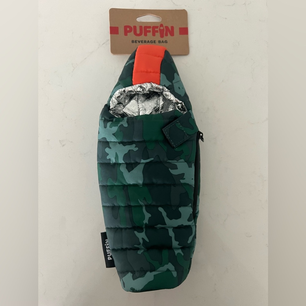 Puffin Sleeping Bag Bottle Koozie – Green Camo